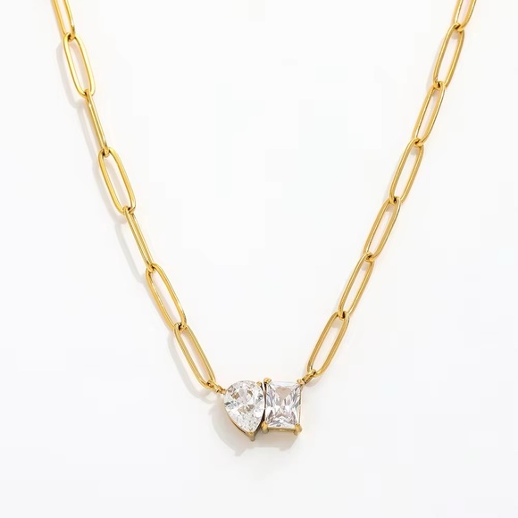 18K Gold Plated Heart and Square Cubic Zirconia Necklace - Picture 4 of 11